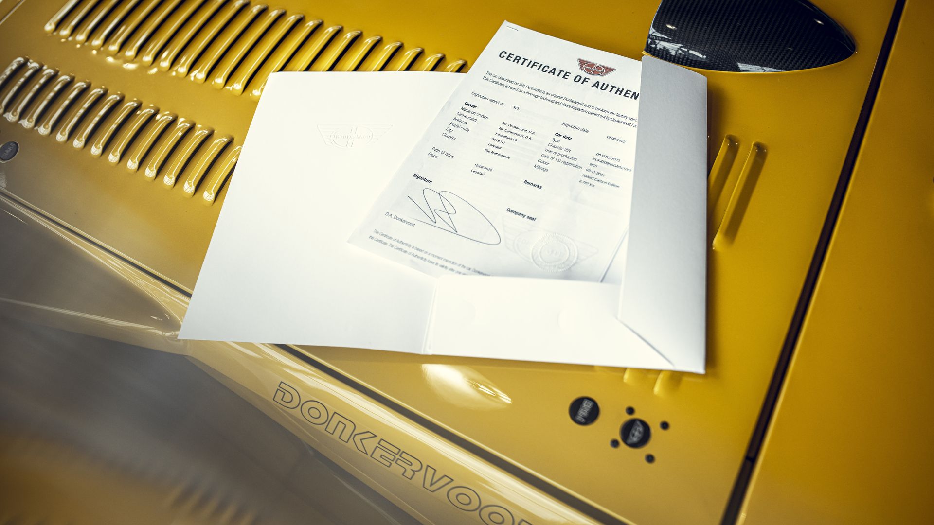 donkervoort, certificate of authenticity, yellow car, d8 gto
